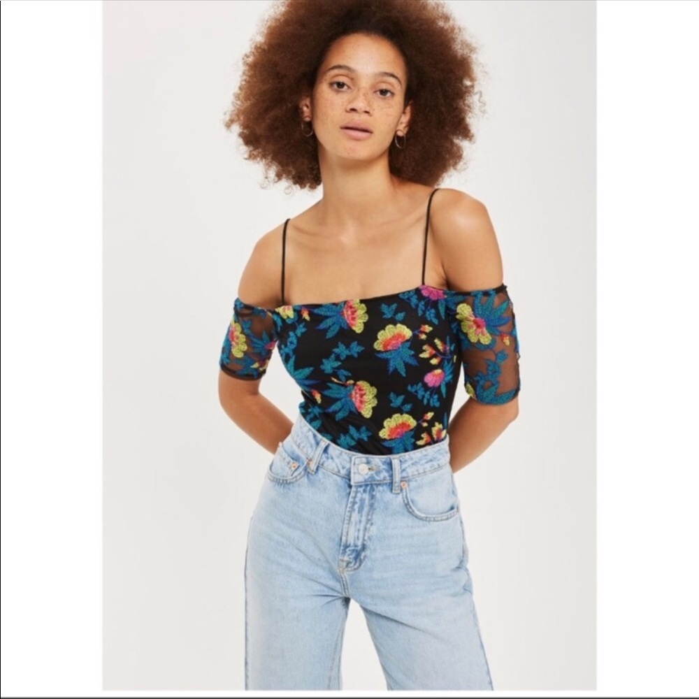 Topshop Floral Embroidered Cold Shoulder Bodysuit